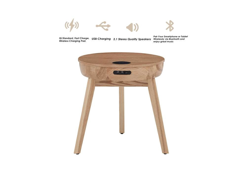 Smart Oak Veneer Round Coffee / Lamp Table - Built in Speakers, Bluetooth, Wireless Charging and USB - 485mm - JF710