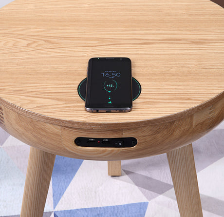 Smart Oak Veneer Round Coffee / Lamp Table - Built in Speakers, Bluetooth, Wireless Charging and USB - 485mm - JF710