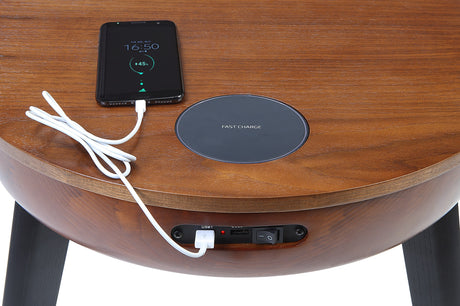 Smart Walnut Veneer Round Coffee / Lamp Table - Built in Speakers, Bluetooth, Wireless Charging and USB - 485mm - JF710