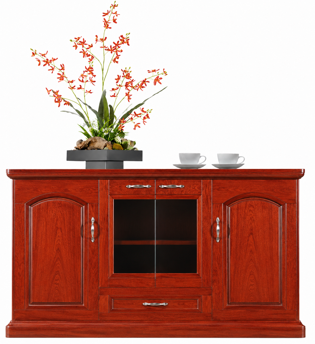 Real Cherry Rosewood Wood Veneer Executive Storage Cupboard Wood & Glass Doors - 1600mm - K1L160