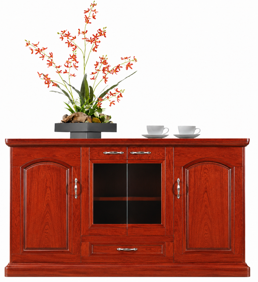 Real Cherry Rosewood Wood Veneer Executive Storage Cupboard Wood & Glass Doors - 1600mm - K1L160