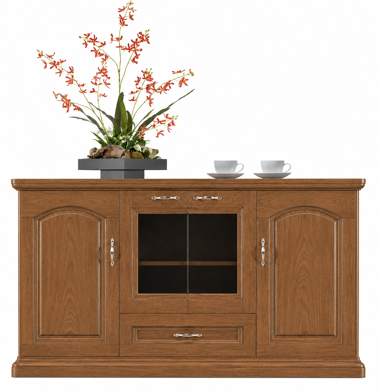 Real Light Walnut Wood Veneer Executive Storage Cupboard Wood & Glass Doors - 1600mm - K1L160