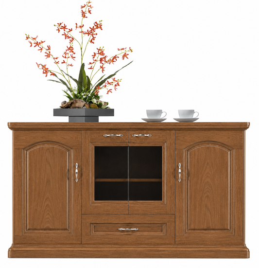 Real Light Walnut Wood Veneer Executive Storage Cupboard Wood & Glass Doors - 1600mm - K1L160
