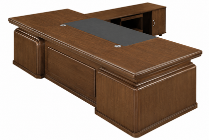 Traditional Light Walnut Real Wood Veneer Executive Desk With Chunky Design - With Pedestal and Side Return - 2600mm to 3200mm - K1L281