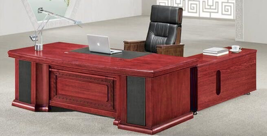 Large Cherry Rosewood Real Wood Veneer Executive Office Desk with Pedestal and Return - 2400mm / 2600mm / 2800mm - K3L241