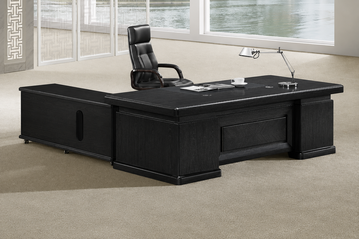 Large Executive Office Desk Black Ash Real Wood Veneer with Pedestal and Return - 2200mm - K3Y221