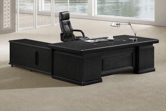 Large Executive Office Desk Black Ash Real Wood Veneer - With Pedestal and Return - 2400mm - K3Y241
