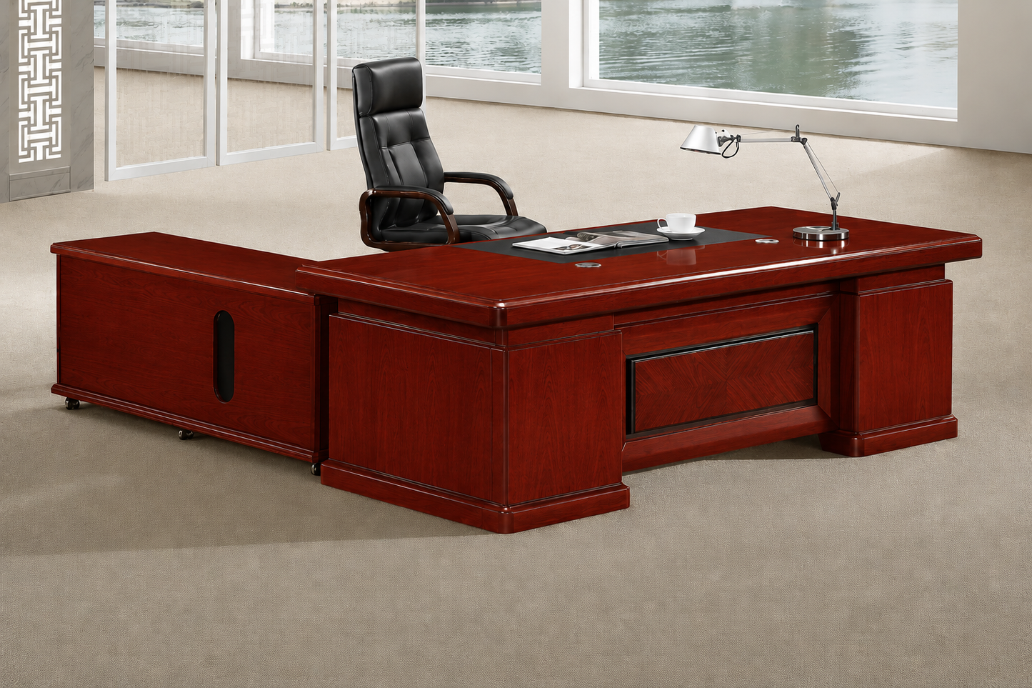 Large Executive Office Desk Cherry Rosewood Real Wood Veneer with Pedestal and Return - 2200mm - K3Y221