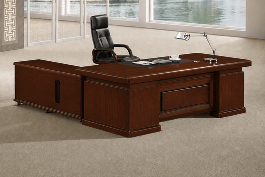 Large Executive Office Desk Walnut Real Wood Veneer with Pedestal and Return - 2200mm - K3Y221