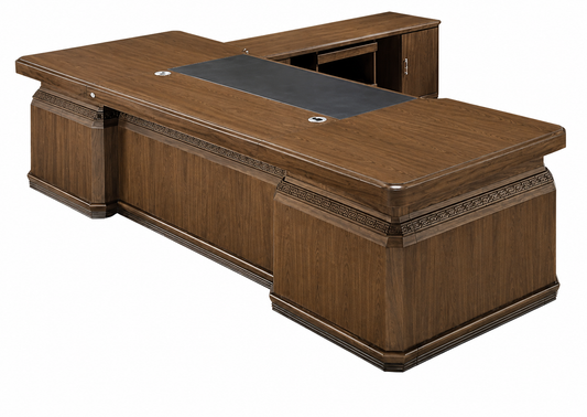 Substantial Traditional Light Walnut Real Wood Veneer Executive Office Desk with Pedestal and Return - 2400mm to 3200mm - K4J261