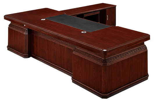Substantial Traditional Walnut Real Wood Veneer Executive Office Desk with Pedestal and Return - 2400mm to 3200mm - K4J261