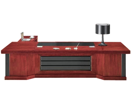 Cherry Rosewood Real Wood Veneer Executive Office Desk with Black Leather Modesty Panel - With Pedestal and Side Return - 2800mm to 3800mm - K5B321