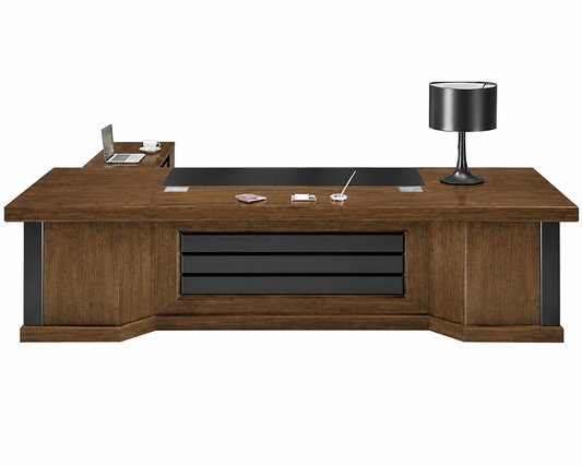 Light Walnut Real Wood Veneer Executive Office Desk with Black Leather Modesty Panel - With Pedestal and Side Return - 2800mm to 3800mm - K5B321