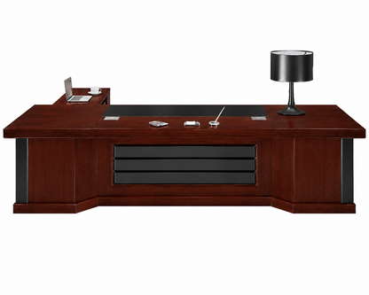 Walnut Real Wood Veneer Executive Office Desk with Black Leather Modesty Panel - With Pedestal and Side Return - 2800mm to 3800mm - K5B321