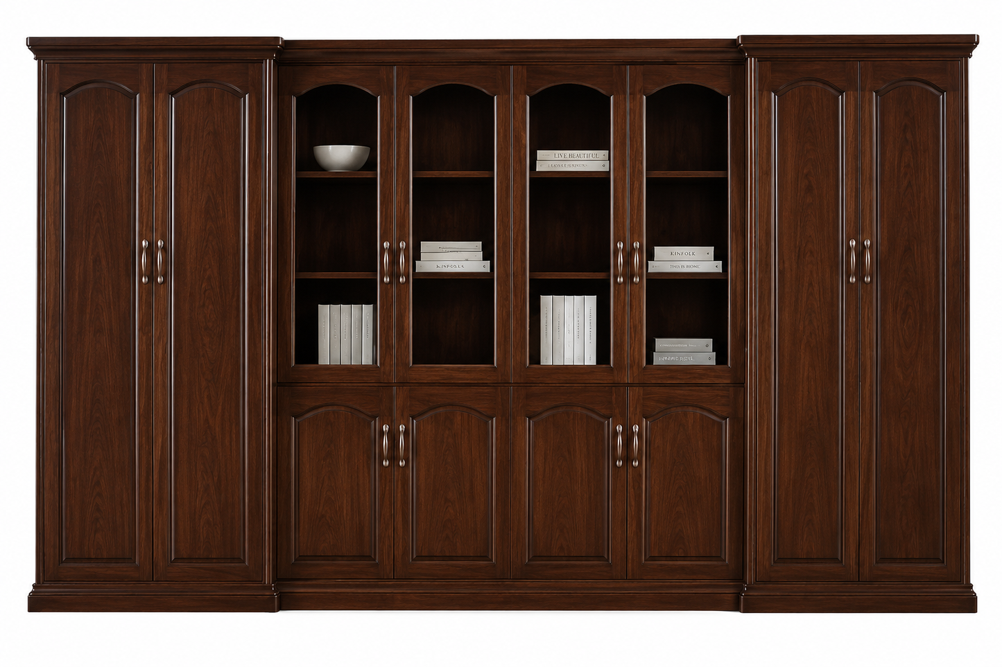 Large Executive Walnut Real Wood Veneer Office Storage Bookcase with Glass - 3800mm - KM1L08