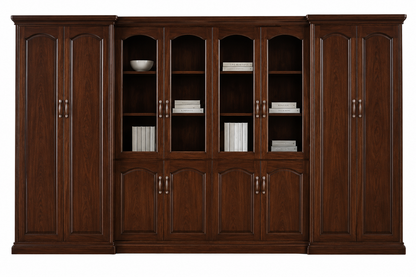 Large Executive Walnut Real Wood Veneer Office Storage Bookcase with Glass - 3800mm - KM1L08