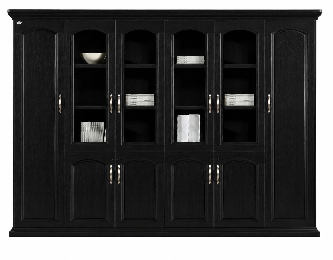 Large Black Ash Real Wood Veneer Executive Office Storage Bookcase with Glass - 2800mm - KM1L06