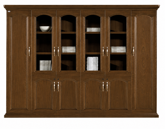Large Light Walnut Real Wood Veneer Executive Office Storage Bookcase with Glass - 2800mm - KM1L06