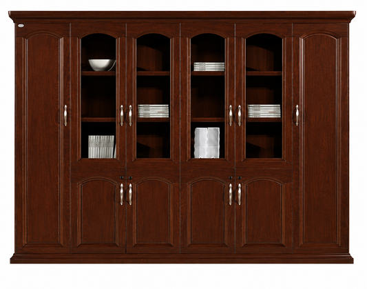 Large Walnut Real Wood Veneer Executive Office Storage Bookcase with Glass - 2800mm - KM1L06