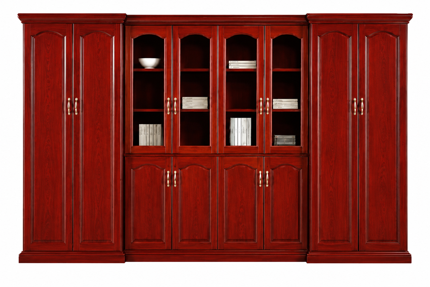 Large Executive Cherry Rosewood Real Wood Veneer Office Storage Bookcase with Glass - 3800mm - KM1L08