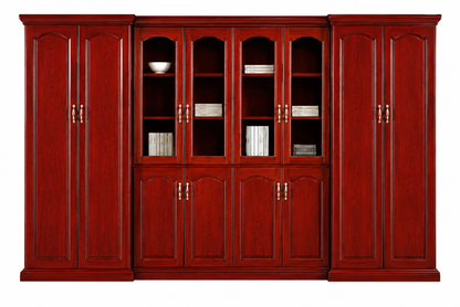 Large Executive Cherry Rosewood Real Wood Veneer Office Storage Bookcase with Glass - 3800mm - KM1L08