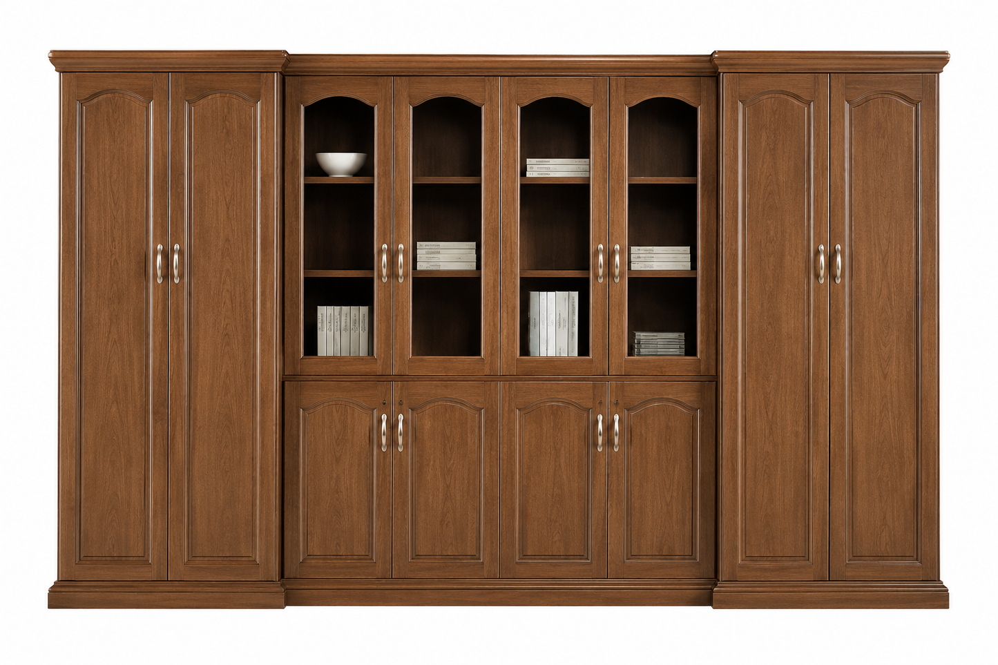 Large Executive Light Walnut Real Wood Veneer Office Storage Bookcase with Glass - 3800mm - KM1L08