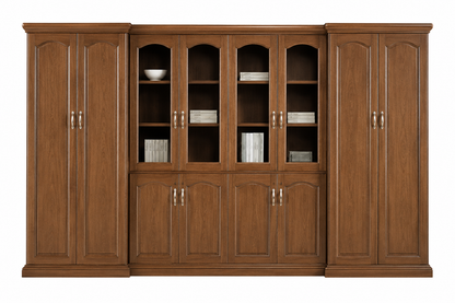 Large Executive Light Walnut Real Wood Veneer Office Storage Bookcase with Glass - 3800mm - KM1L08