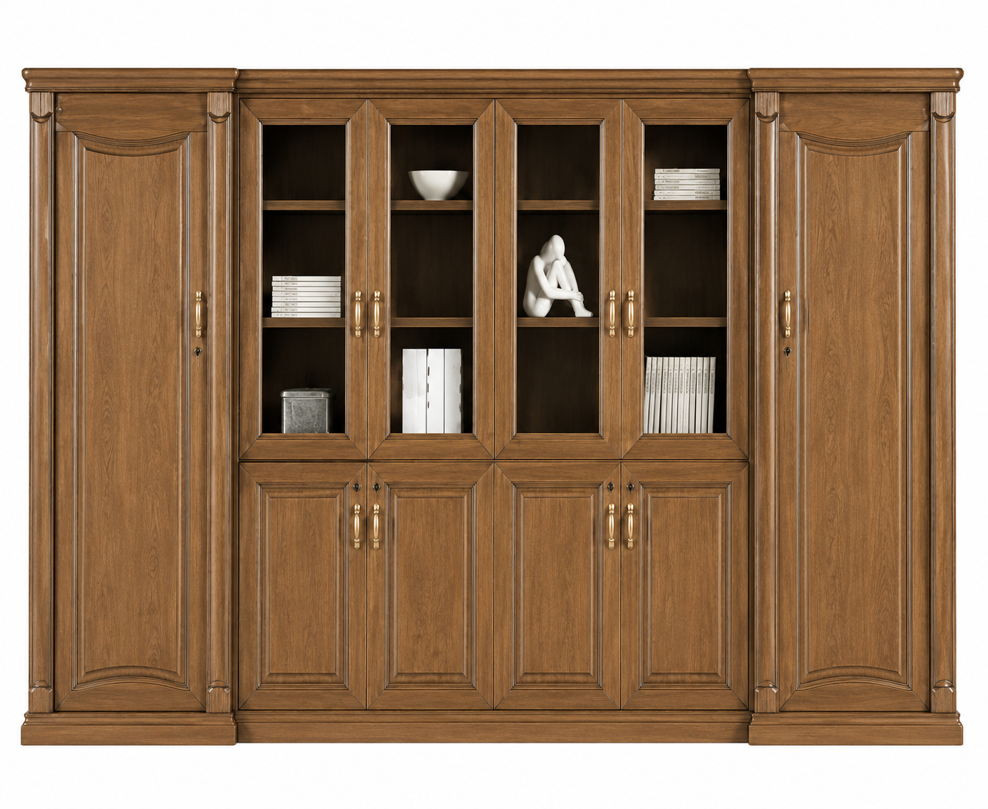 High Quality Light Walnut Real Wood Veneer Executive Bookcase with Glass Doors - 3400mm - KM2K06