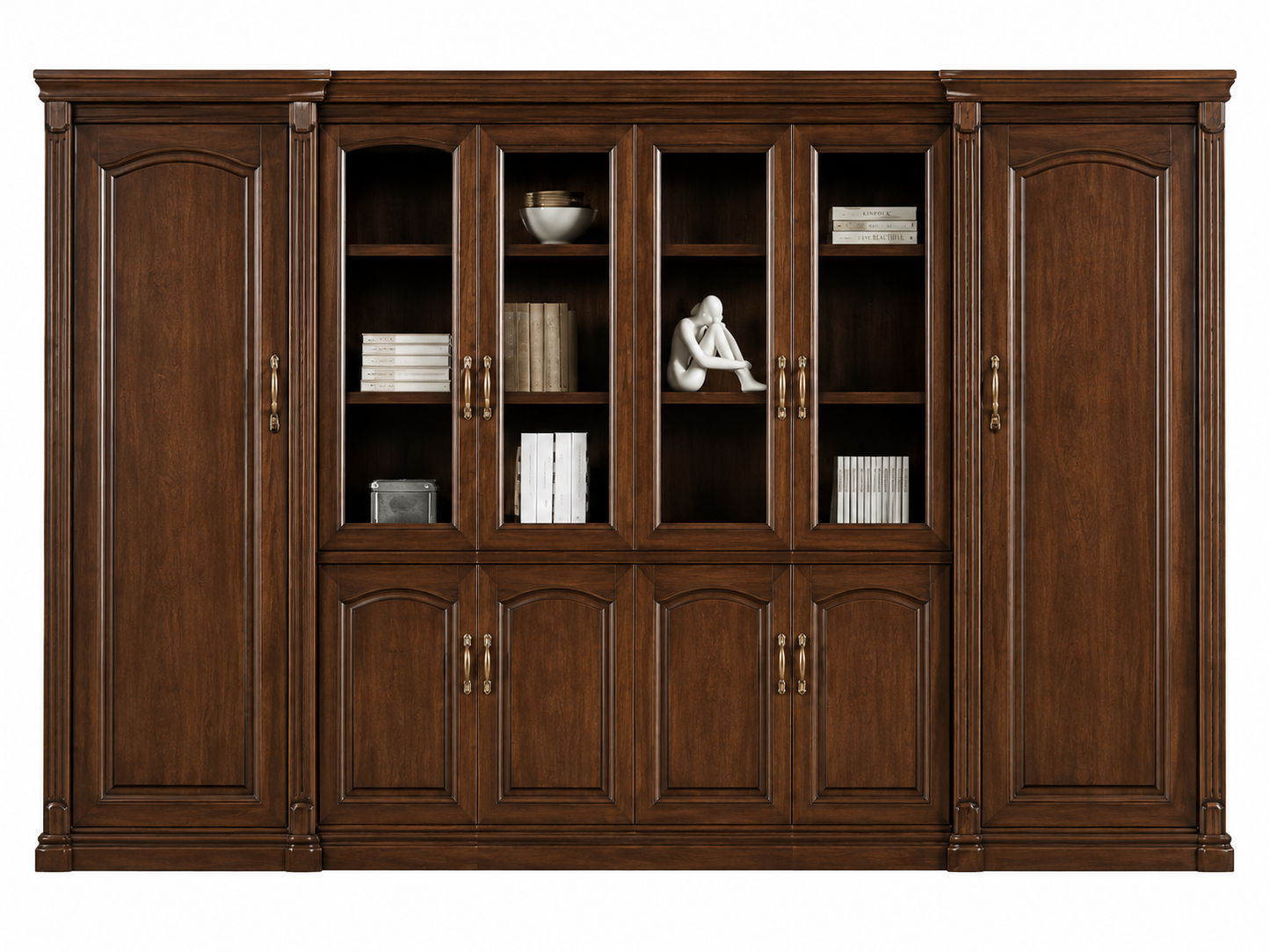 High Quality Walnut Real Wood Veneer Executive Bookcase with Glass Doors - 3400mm - KM2K06