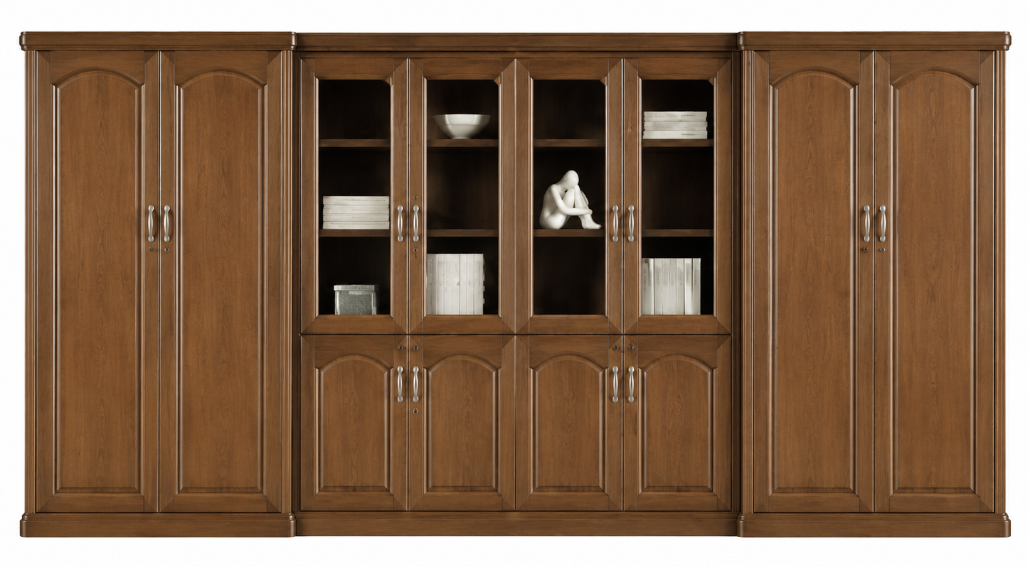 High Quality Wide Light Walnut Real Wood Veneer Executive Bookcase with Glass Doors - 4400mm - KM2K08