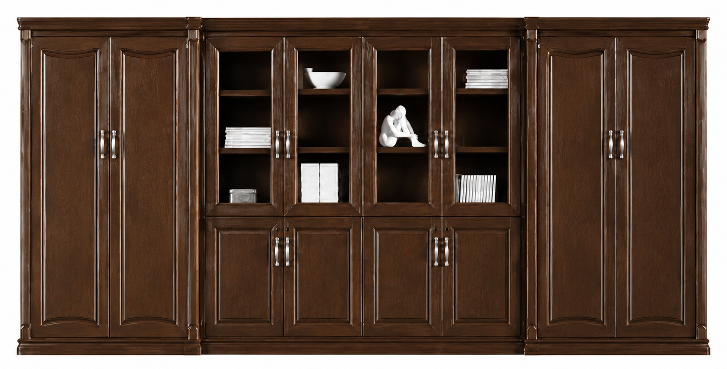High Quality Wide Walnut Real Wood Veneer Executive Bookcase with Glass Doors - 4400mm - KM2K08