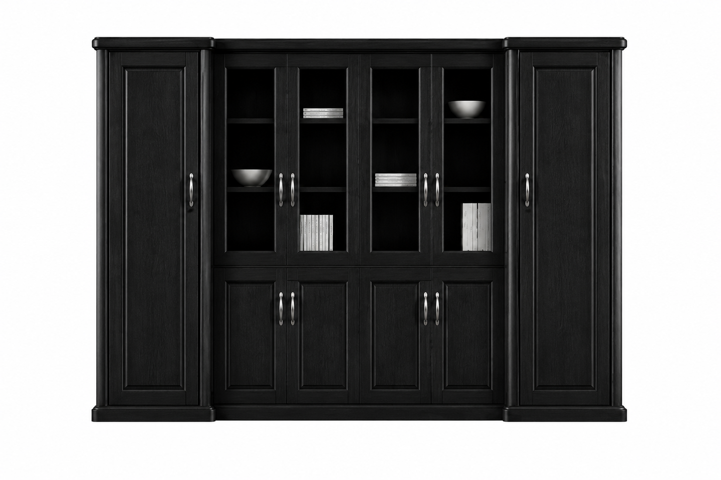 Real Black Ash Wood Veneer Executive Bookcase Wood & Glass Doors - 3000mm - KM3Y06