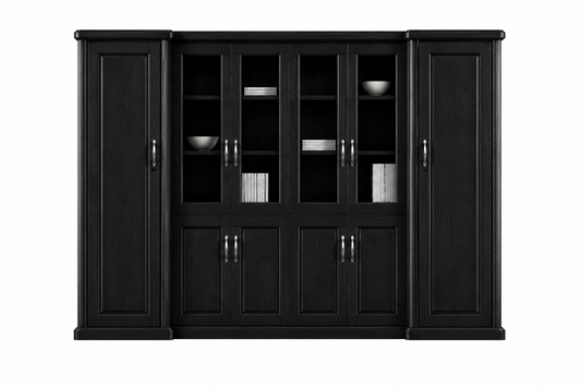 Real Black Ash Wood Veneer Executive Bookcase Wood & Glass Doors - 3000mm - KM3Y06