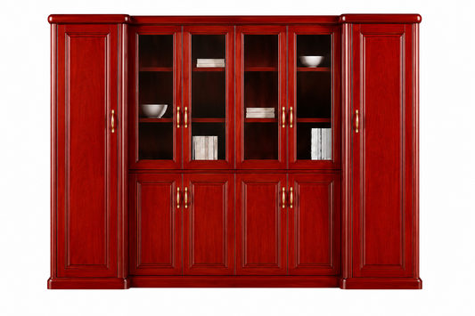 Real Cherry Rosewood Wood Veneer Executive Bookcase Wood & Glass Doors - 3000mm - KM3Y06