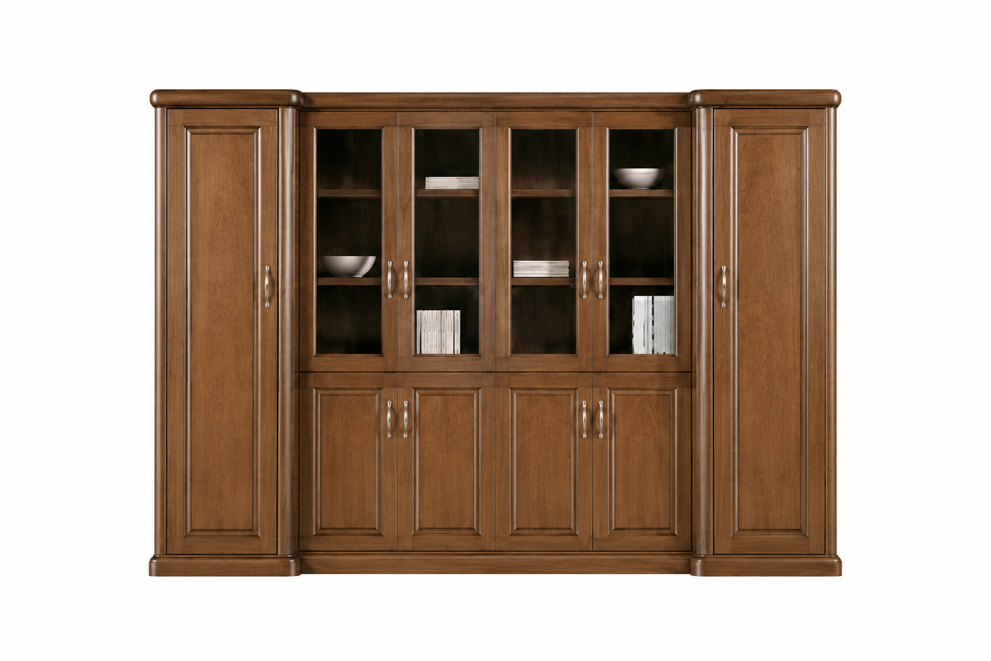 Real Light Walnut Wood Veneer Executive Bookcase Wood & Glass Doors - 3000mm - KM3Y06
