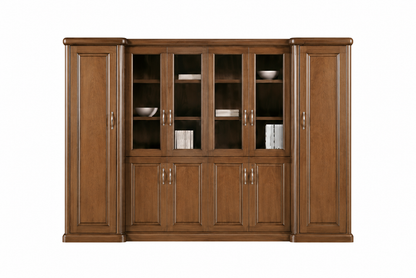 Real Light Walnut Wood Veneer Executive Bookcase Wood & Glass Doors - 3000mm - KM3Y06