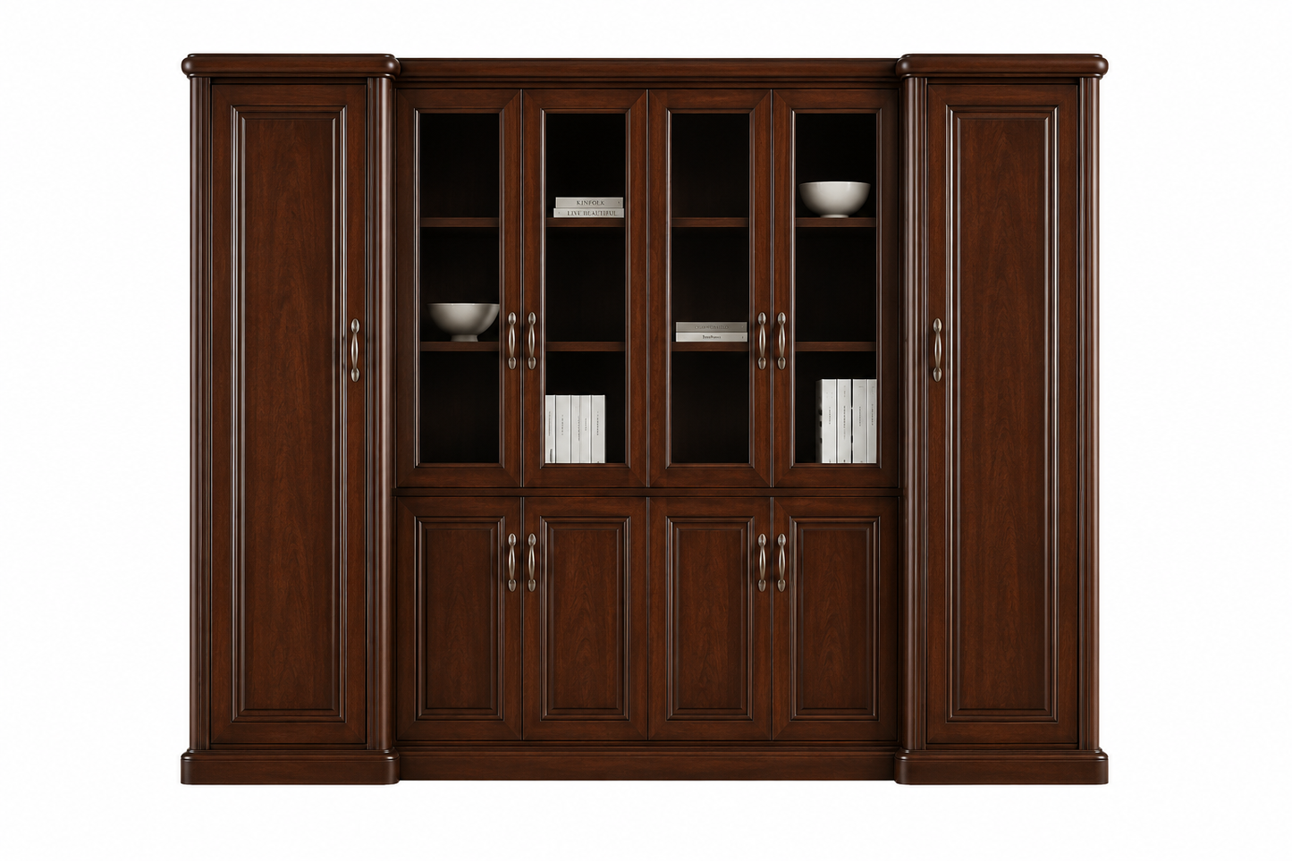 Real Walnut Wood Veneer Executive Bookcase Wood & Glass Doors - 3000mm - KM3Y06