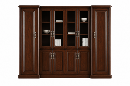 Real Walnut Wood Veneer Executive Bookcase Wood & Glass Doors - 3000mm - KM3Y06