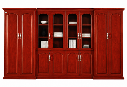 Tall and Wide Cherry Rosewood Real Wood Veneer Executive Bookcase Wood & Glass Doors - 4000mm - KM3Y08