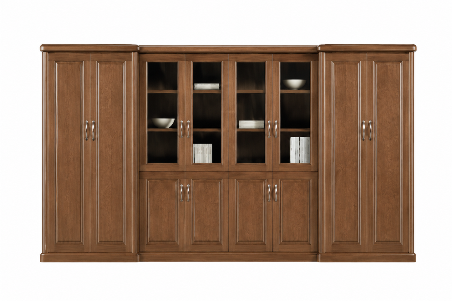 Tall and Wide Light Walnut Real Wood Veneer Executive Bookcase Wood & Glass Doors - 4000mm - KM3Y08