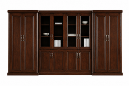 Tall and Wide Walnut Real Wood Veneer Executive Bookcase Wood & Glass Doors - 4000mm - KM3Y08