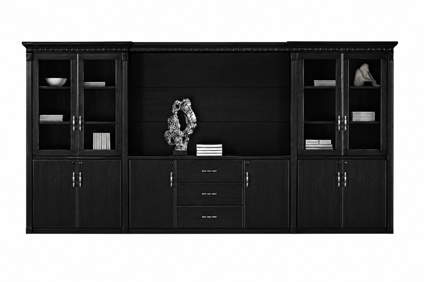 High Quality Black Ash Real Wood Veneer Executive Bookcase with Open Storage and Glass - 4000mm - KM4J07