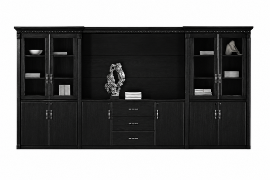 High Quality Black Ash Real Wood Veneer Executive Bookcase with Open Storage and Glass - 4000mm - KM4J07