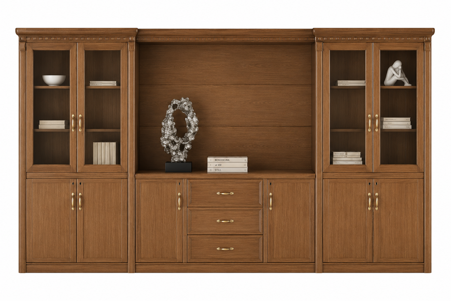 High Quality Light Walnut Real Wood Veneer Executive Bookcase with Open Storage and Glass - 4000mm - KM4J07