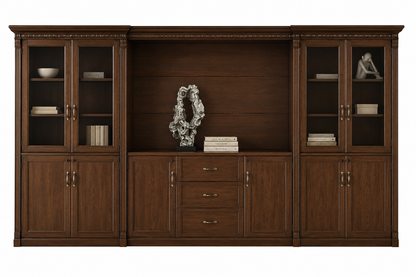 High Quality Walnut Real Wood Veneer Executive Bookcase with Open Storage and Glass - 4000mm - KM4J07