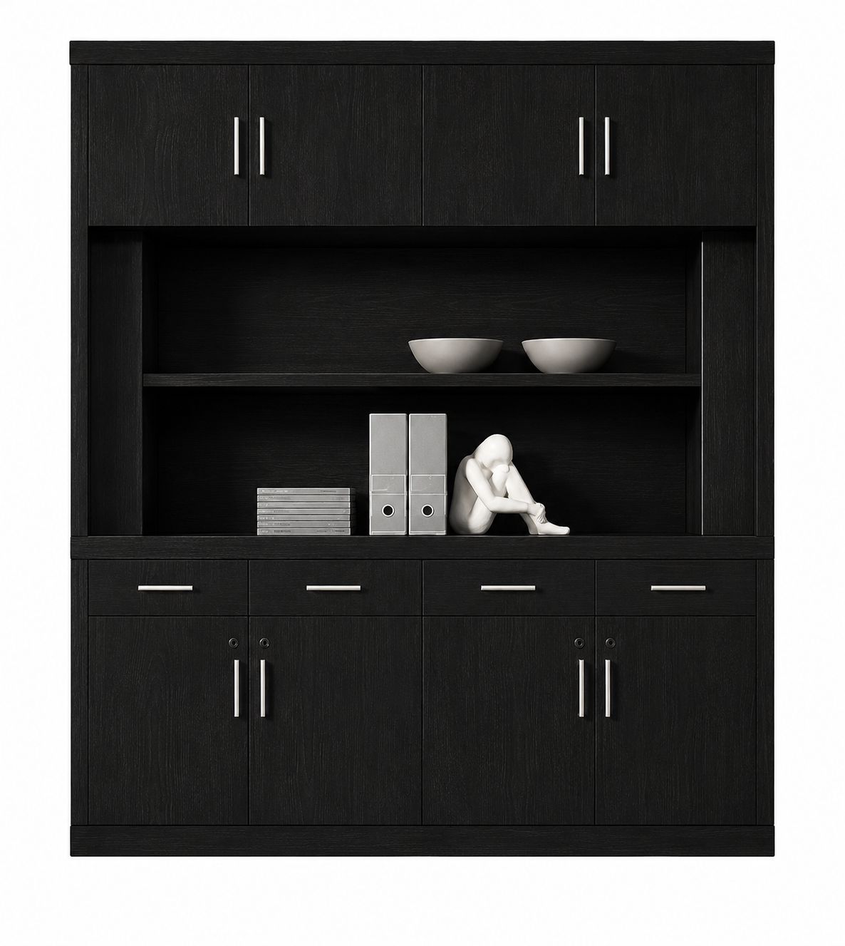 Large Luxury Real Black Ash Wood Veneer Executive Bookcase with Open Shelving - 2000mm - KM5B44