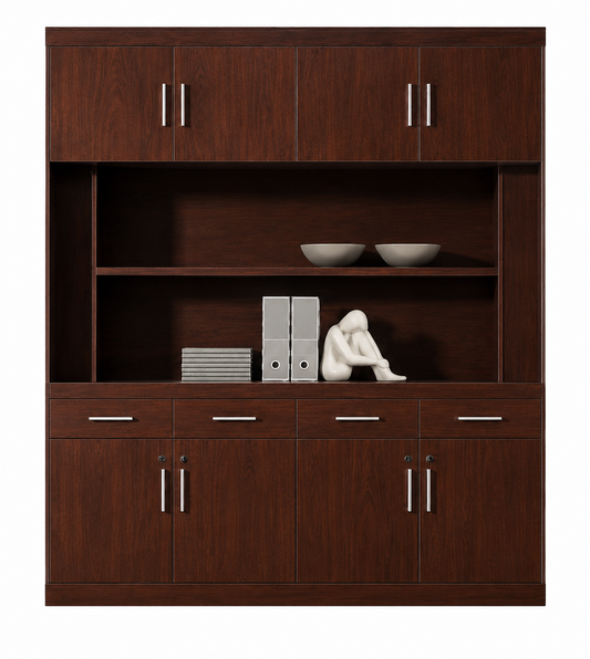 Large Luxury Real Walnut Wood Veneer Executive Bookcase with Open Shelving - 2000mm - KM5B44