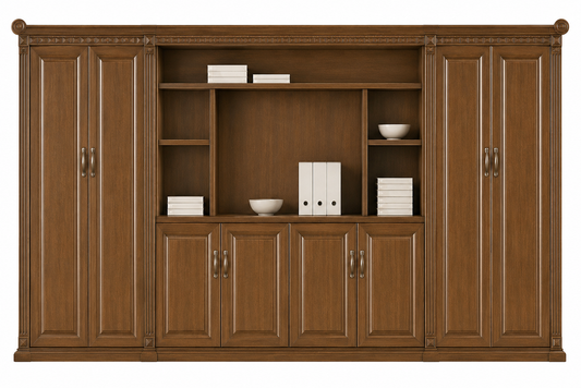 High Quality Large Light Walnut Real Wood Veneer Executive Bookcase & Open Display Unit - 4000mm - KM5J08