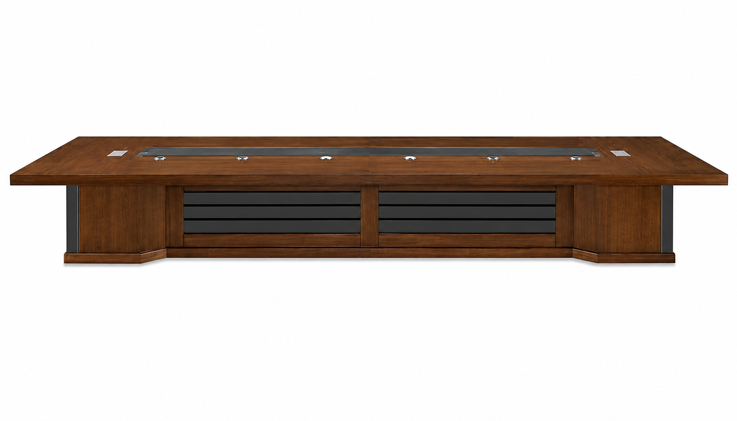 Light Walnut Real Wood Veneer Luxury Boardroom Table with Black Leather Detailing - 5000mm to 6000mm - KT5B60