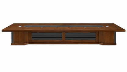 Light Walnut Real Wood Veneer Luxury Boardroom Table with Black Leather Detailing - 5000mm to 6000mm - KT5B60